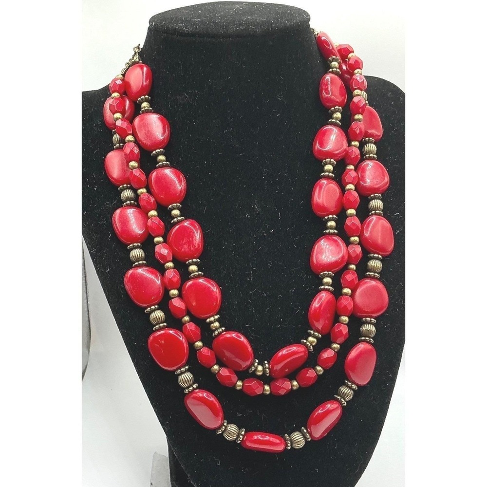 SAO Vintage Red Bead Necklace 18" Multi-Strand Gold Accent Statement Piece